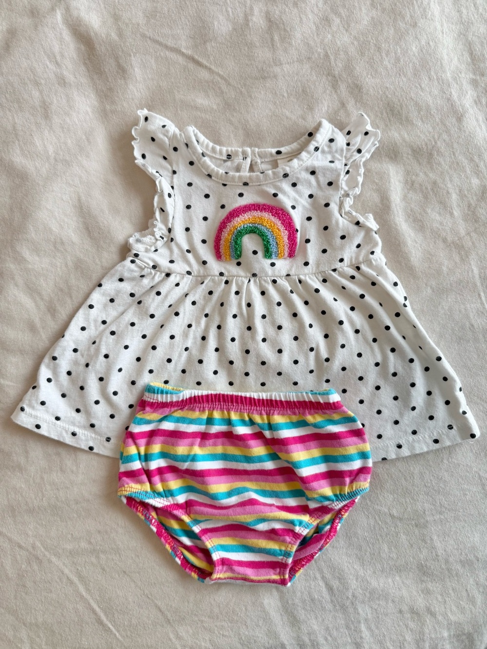 Tucker + Tate White Polka Dot Dress with Rainbow Patch and Striped Bloomers